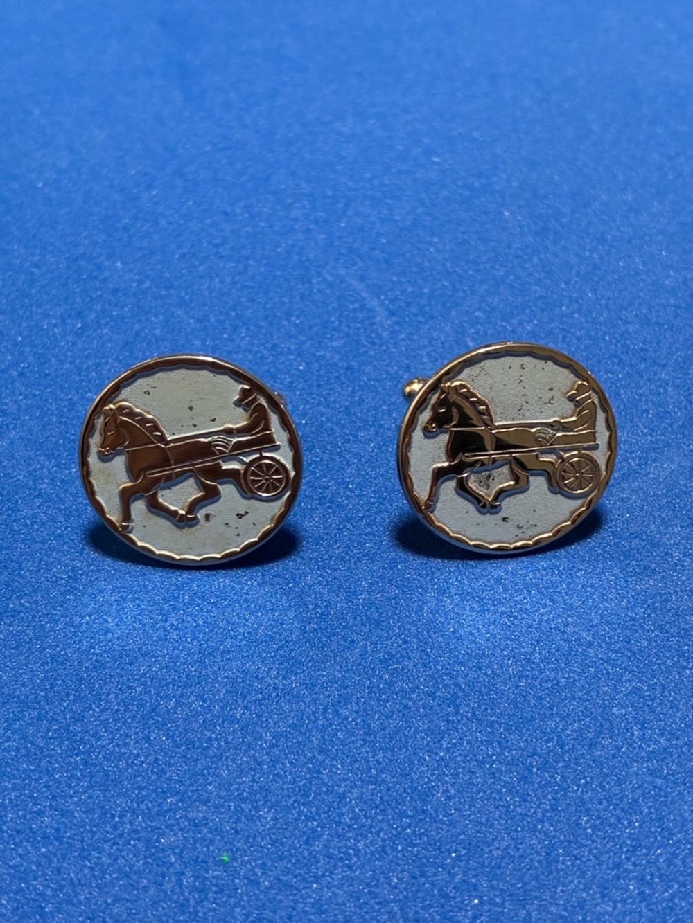 Silver Tone Horse & Carriage Round Cuff Links - Lt. Blue Enamel with silver trim